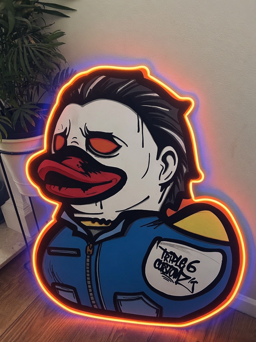 Blue jacket horror duck neon sign